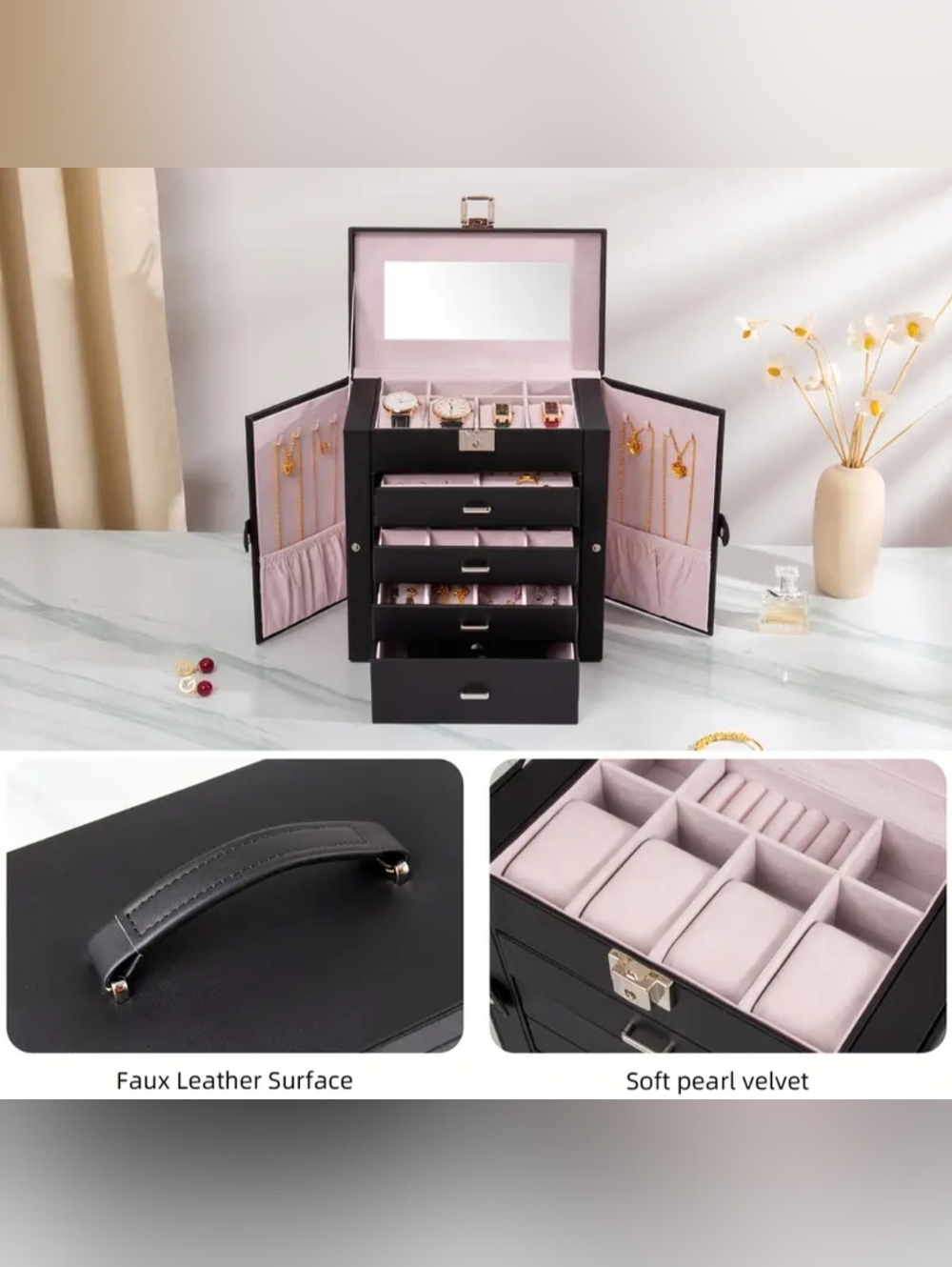5 Layer Black Jewelry Organizer Case with Pink Velvet Interior